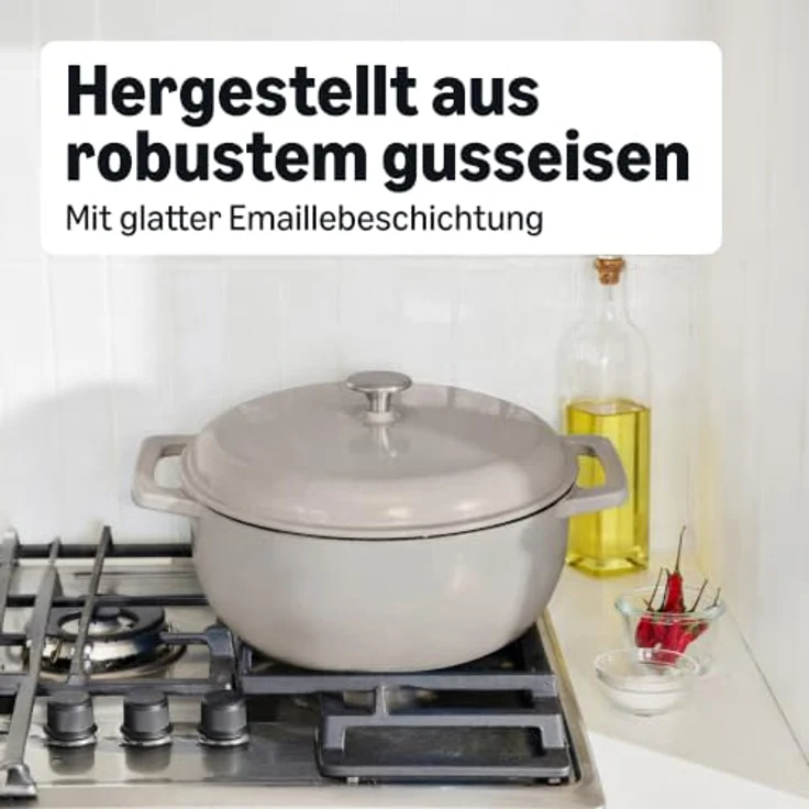 Amazon Basics Schmortopf Rund, emailliertes Gusseisen mit Deckel, 5,7 L, gleichmäßige Wärmeverteilung, leinengrau – Bild 5