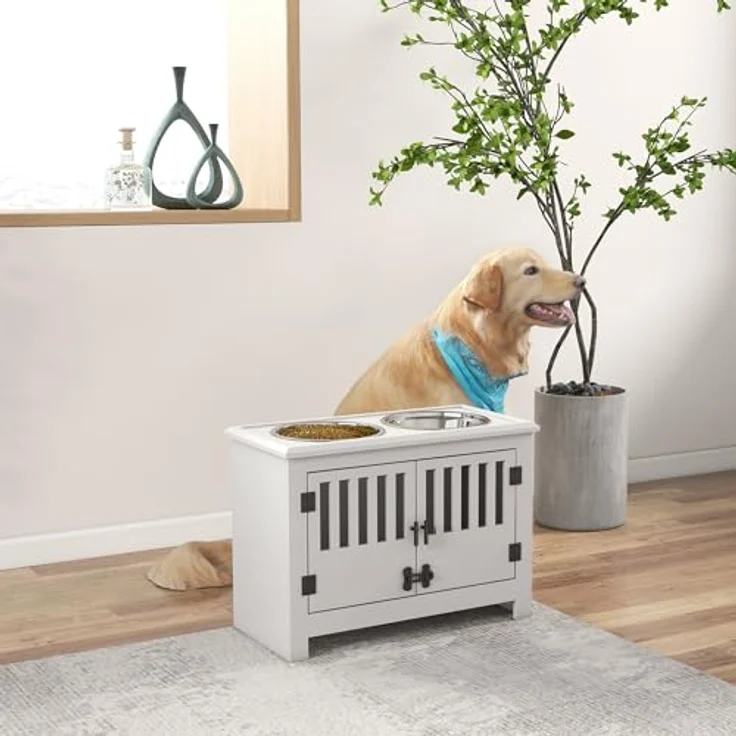PawHut Futternapf, Erhöhte Futterstation mit 2L Edelstahlschale, Stauraum, Doppeltür mit Schloss, Hundebar für extra große Hunde, Weiß – Bild 2