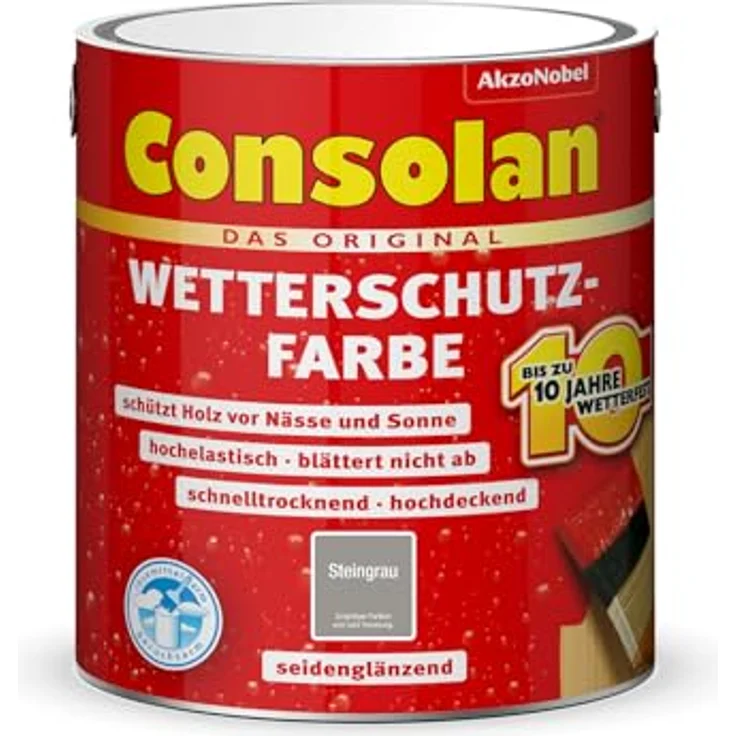 Consolan Holzschutzlasur Wetterschutz-Farbe, 2,5 L, steingrau, wetterfest bis zu 10 Jahre, seidenglänzend, für Außenbereiche – Bild 1