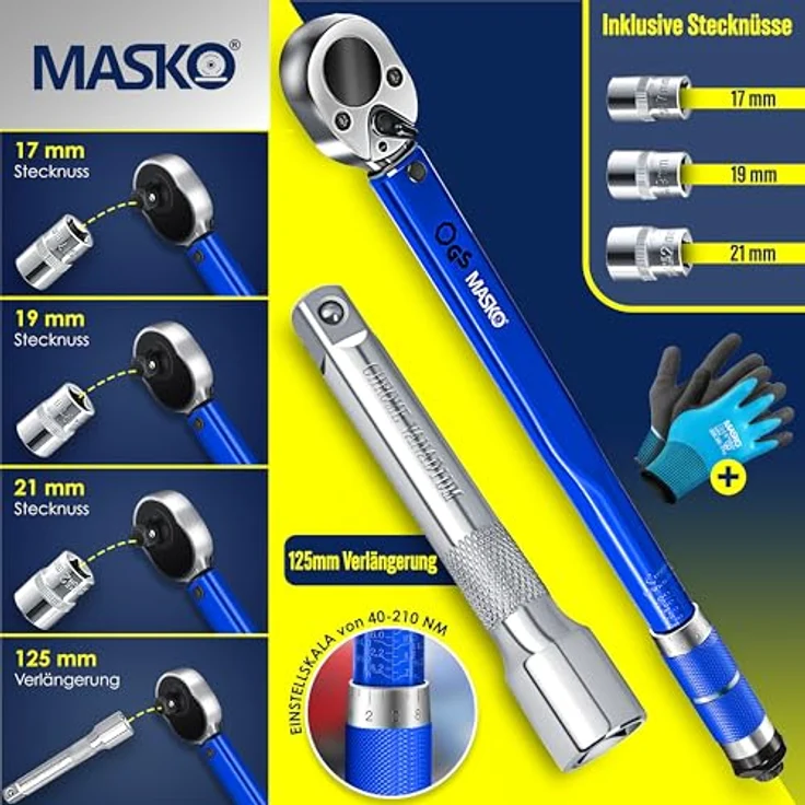 MASKO Drehmomentschlüssel 6tlg. Set 40-210Nm 1-2 ' CV inkl. 3 Stecknüssen 17mm, 19mm, 21mm und Verlängerung 125mm inkl. Koffer +- 4% Toleranz Reifenschlüssel Auto Drehmoment-Schlüssel Blau – Bild 2