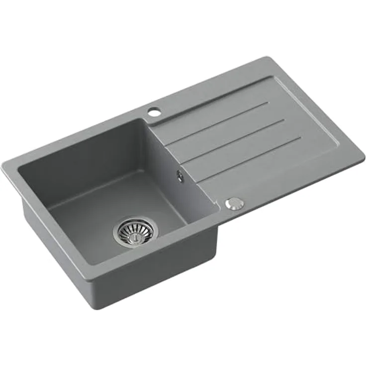 QUADRON Granitspüle JOHNNY 111, Einzelbecken Einbauspüle mit Hahnloch, 77x44x18,5 cm, grau und stahl, hohe Widerstandsfähigkeit, glatte Oberfläche