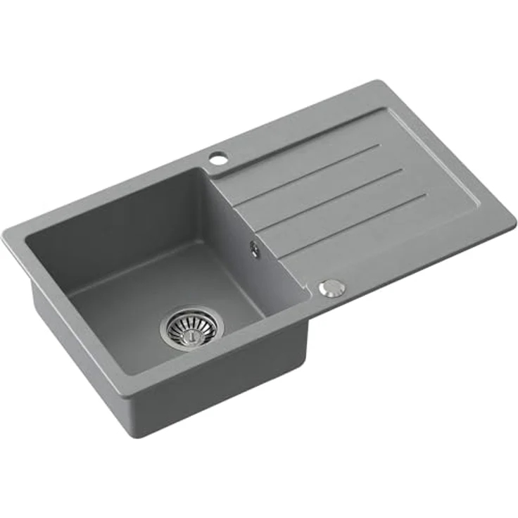 QUADRON Granitspüle JOHNNY 111, Einzelbecken Einbauspüle mit Hahnloch, 77x44x18,5 cm, grau und stahl, hohe Widerstandsfähigkeit, glatte Oberfläche – Bild 1