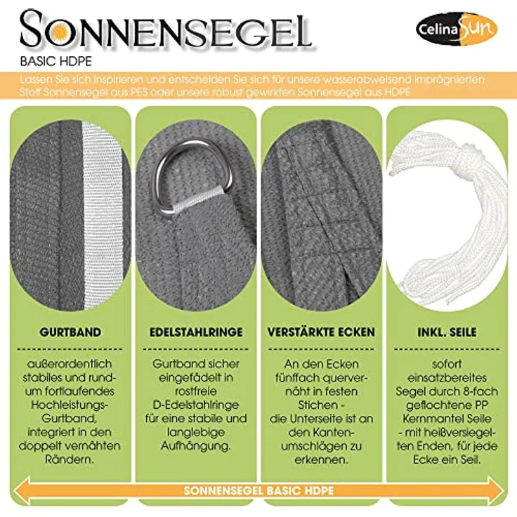 CelinaSun Sonnensegel inkl Befestigungsseile Basic Dreieck rechtwinklig 2,5 x 2,5 x 3,5 m anthrazit Sonnenschutz atmungsaktiv – Bild 2