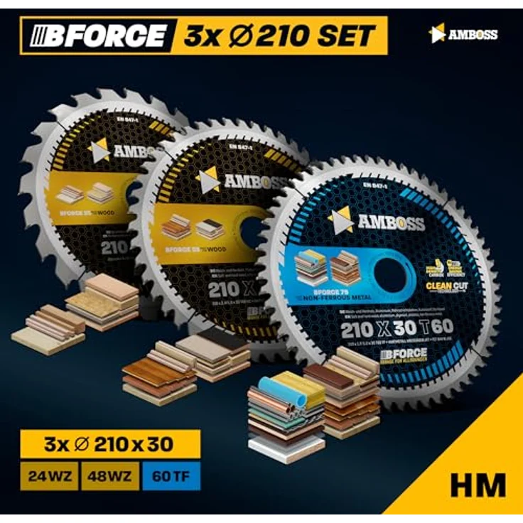 Amboss Werkzeuge Ø210 x 30 Hand- Kreissägeblatt Set für Makita 5008 MG, Festool TS75EBQ - 3er Sägeblatt Sortiment, geeignet für Holz, Metall und Kunststoffe – Bild 2