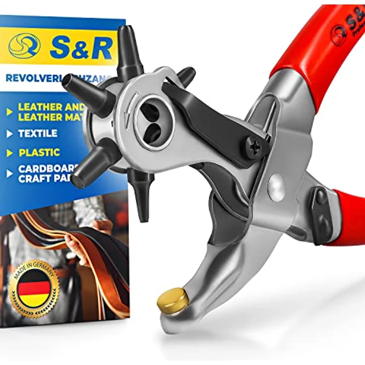 S&R Revolverlochzange MADE IN GERMANY, für Leder, Gürtel, Gurte, Karton, Schuhe, Textilien, Lochzange mit 6 wechselbaren Lochpfeifen 2/2,5/3/3,5/4/5 mm, verstärkte Ausführung, ergonomisch geformte Kunststoff-Griffhüllen – Bild 2