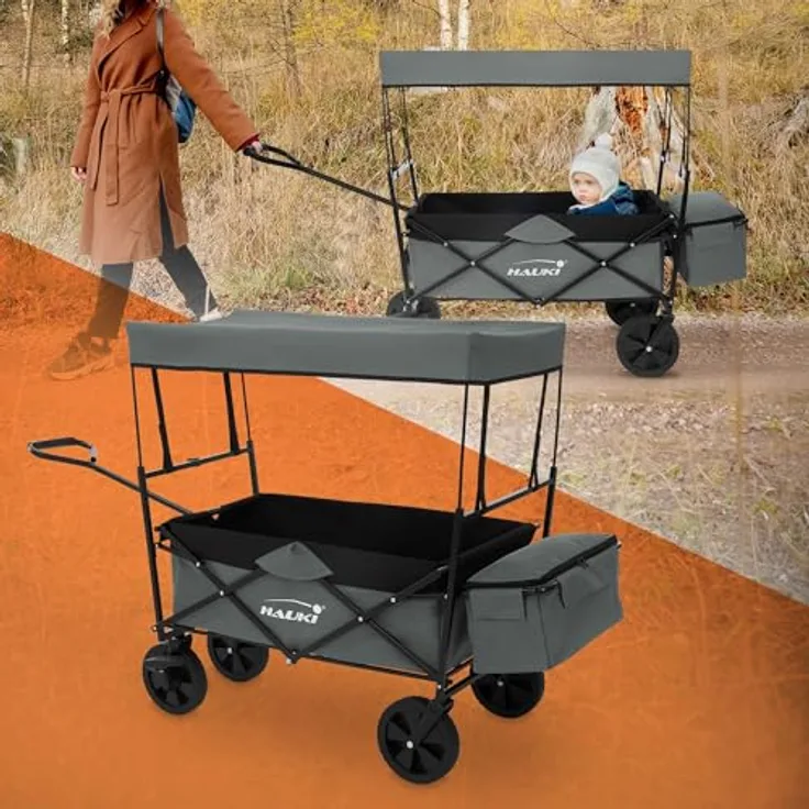 Hauki Bollerwagen L faltbar mit abnehmbarem Dach, grau, bis 80 kg Tragkraft, inkl. 2 Netztaschen und 1 Außentasche, Vorderrad-Bremse, für Kinder und Geräte