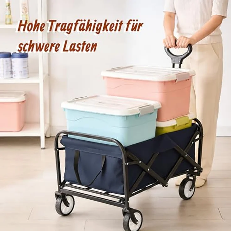 Relaxdays Bollerwagen, faltbar für bis zu 100 kg, Teleskopgriff, Oxford-Gewebe, Transportwagen für Einkauf, Camping & Strand, blau – Bild 3