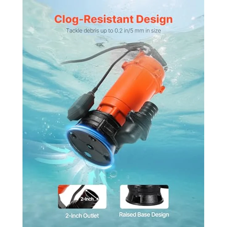 VEVOR 1500W Tauchpumpe WQD1500, 22800l/h, Gusseisen mit IPX8, automatischer Schwimmerschalter, 18m Förderhöhe, optimal zum Abpumpen von Schmutzwasser für Pools und Teiche – Bild 6