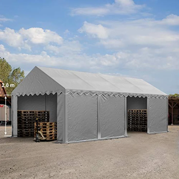 TOOLPORT Lagerzelt, 4x8 m Industriezelt mit PVC Plane 750 N, grau, inkl. Bodenrahmen und Dachverstärkung – Bild 2