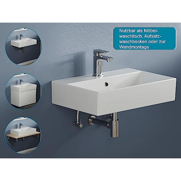 Aqua Bagno | Eckiges Design Handwaschbecken, hochwertige Keramik, modern & stilvoll durch dünnen Rand | 600 x 420 mm – Bild 2