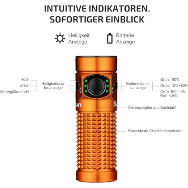 OLIGHT Baton 4, kleine wiederaufladbare LED Taschenlampe mit 1300 Lumen, 170 m Leuchtweite, 6 Modi, 30 Tage Laufzeit, IPX8 wasserdicht, orange – Bild 4