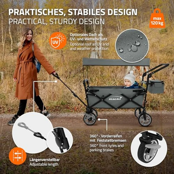 Hauki Bollerwagen XXL faltbar mit abnehmbarem Dach, grau, Kinder Transportwagen mit 360° drehbaren Vorderrädern und PU Rädern, Tragkraft 150 kg, inkl. Tasche und Getränkehalter – Bild 3