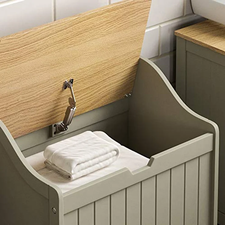 Home Discount Bath Vida Priano Badezimmer-Wäscheschrank, Aufbewahrungsschrank, Holzkorb, grau, Grey Bathroom Laundry Cabinet – Bild 4