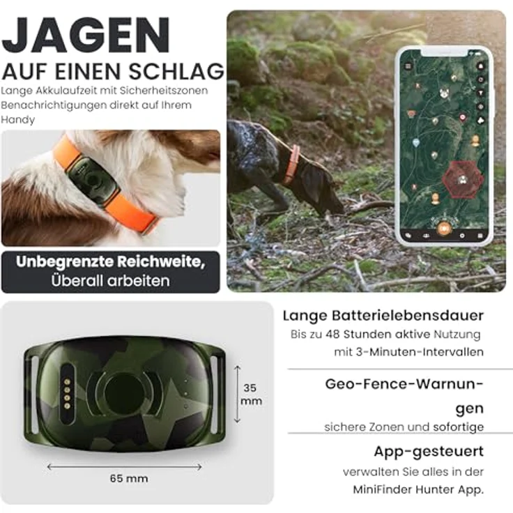 MiniFinder Vexo GPS-Hundetracker 39 g mit Echtzeit-Tracking, M90-Camo-Design, langer Akkulaufzeit & App-Integration für Jäger – Bild 3