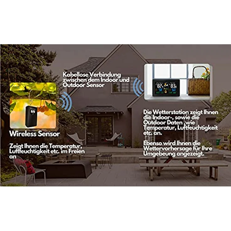Echos Eco-450, Funkwetterstation mit LCD Farbdisplay, Wettervorhersage, Außensensor, schwarz – Bild 3