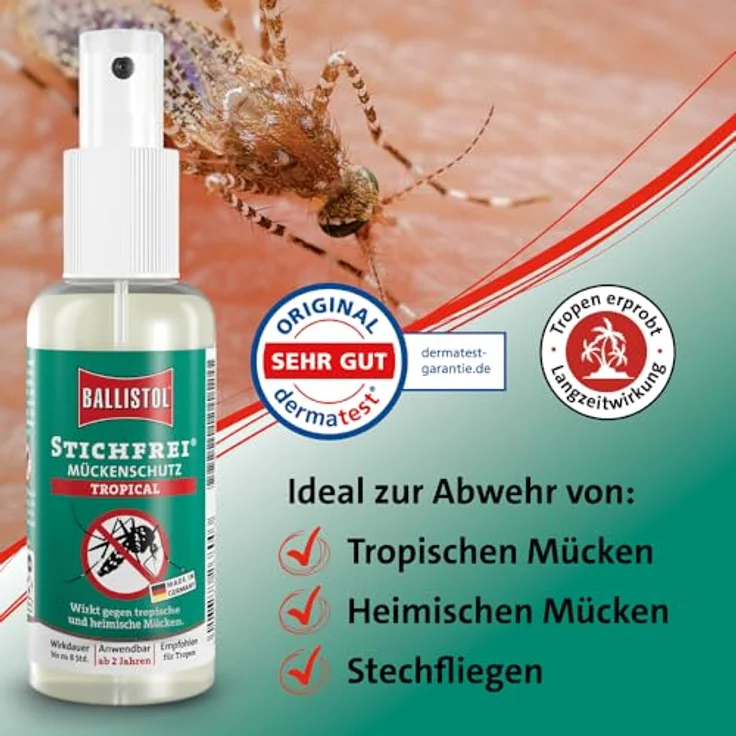 Ballistol Stichfrei Tropical, Insektenschutz-Spray mit 20% Icaridin und 5% Citrepel, 8 Stunden Schutz gegen Mücken und Zecken – Bild 3