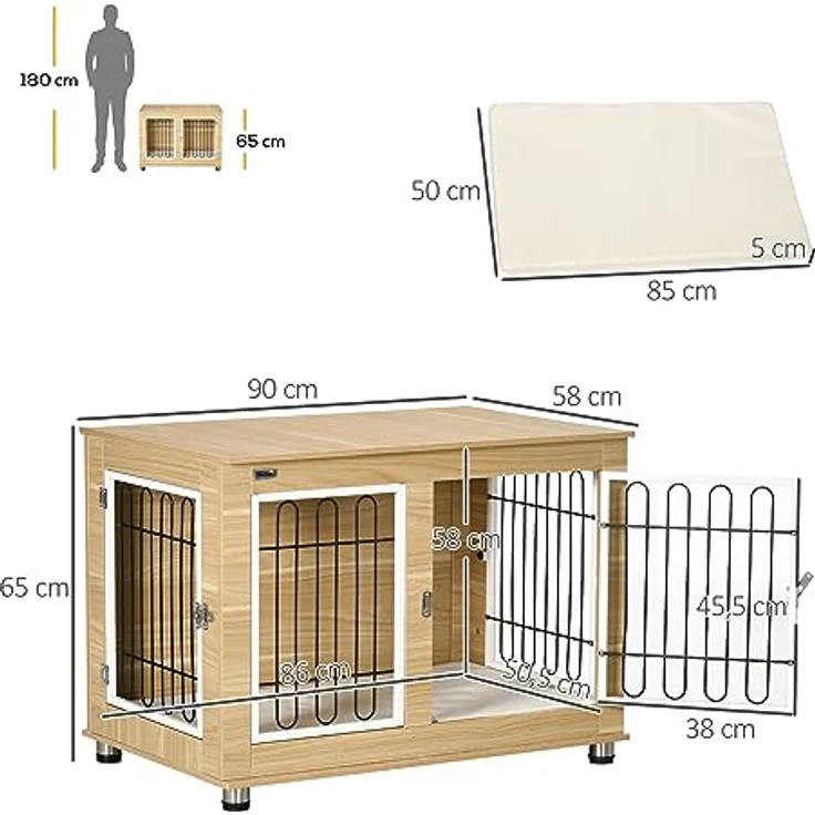 PawHut Hundekäfig, Hundehütte, Haustierkäfig mit Kissen, 2 Verriegelungen für Mittelegroße Hunde, Hundebox mit Doppeltüren, Hundehaus, Eiche, 90 x 58 x 65 cm – Bild 3