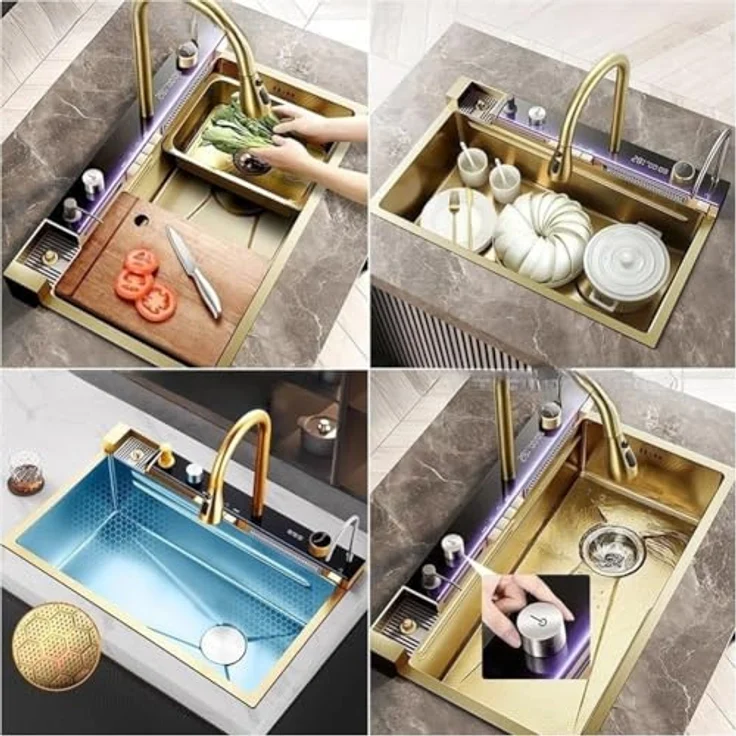 Faizee Möbel Neom Premium Edelstahlspüle & Nano Spülen in Gold - 4 Modelle mit 4-fach Wasserhahn, Wasserfall und Zubehör (75x45x20,5) – Bild 2
