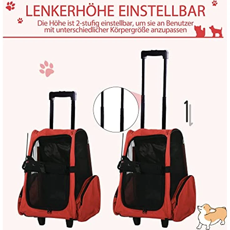 Pawhut Hundetrolley Transporttasche Tragetasche für Tiere 2in1 Rucksack und Trolley 35x27x49 cm rot – Bild 5