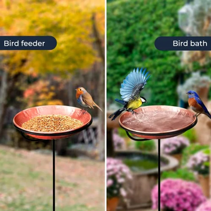 Monarch Abode Vogeltränke aus reinem Kupfer, handgehämmert, abnehmbare Vogelfutterstation, Badewanne und Schüssel mit 86,4 cm Eisenständer, Dekoration für Garten, Hinterhof, Terrasse und Deck – Bild 2