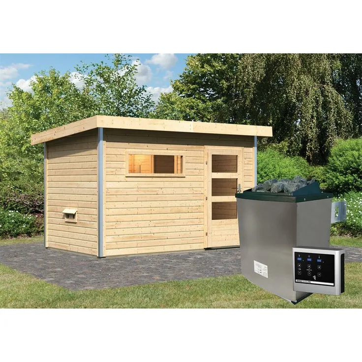 Karibu Saunahaus Skrollan 1 mit moderner Tür Set naturbelassen mit Ofen 9 KW, externe Steuerung easy - Preisvergleich