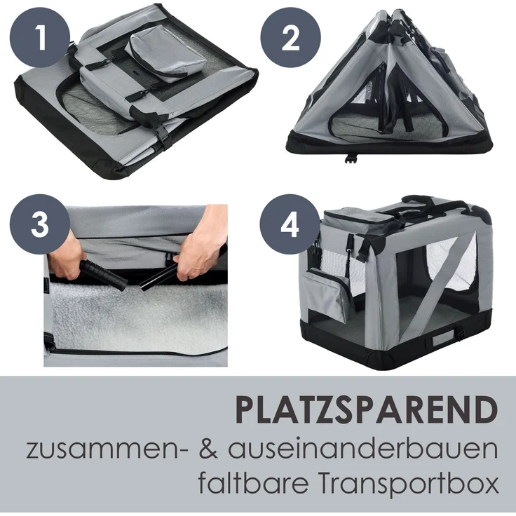 Juskys Hundetransportbox Lassie L (grau) faltbar - 50 x 70 x 52 cm - Reisebox mit Decke, Tasche & Griffen – Stoff Transportbox für Hunde – Bild 3