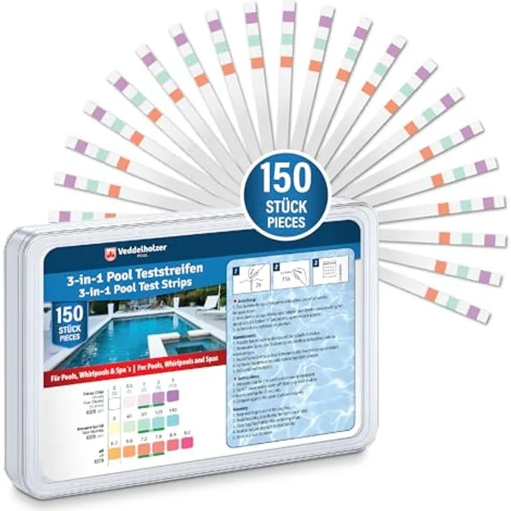 Veddelholzer 3-in-1 Pool Teststreifen, 150 Stück zur pH-Wert, Freies Chlor & Alkalinität Messung für Pool, Whirlpool & Spa