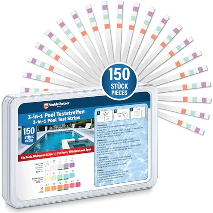 Veddelholzer 3-in-1 Pool Teststreifen, 150 Stück zur pH-Wert, Freies Chlor & Alkalinität Messung für Pool, Whirlpool & Spa – Bild 1