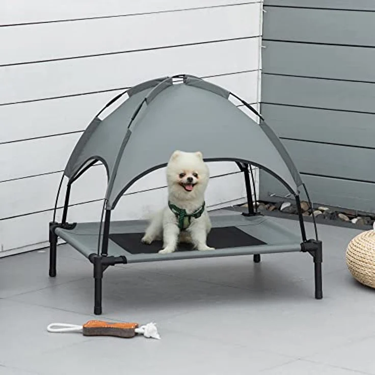 PawHut Haustierbett mit Baldachin, Erhöhtes Hundebett, Hundeliege Outdoor mit Dach, Atmungsaktiv, Taftstoff Grau 76 x 61 x 73 cm – Bild 2