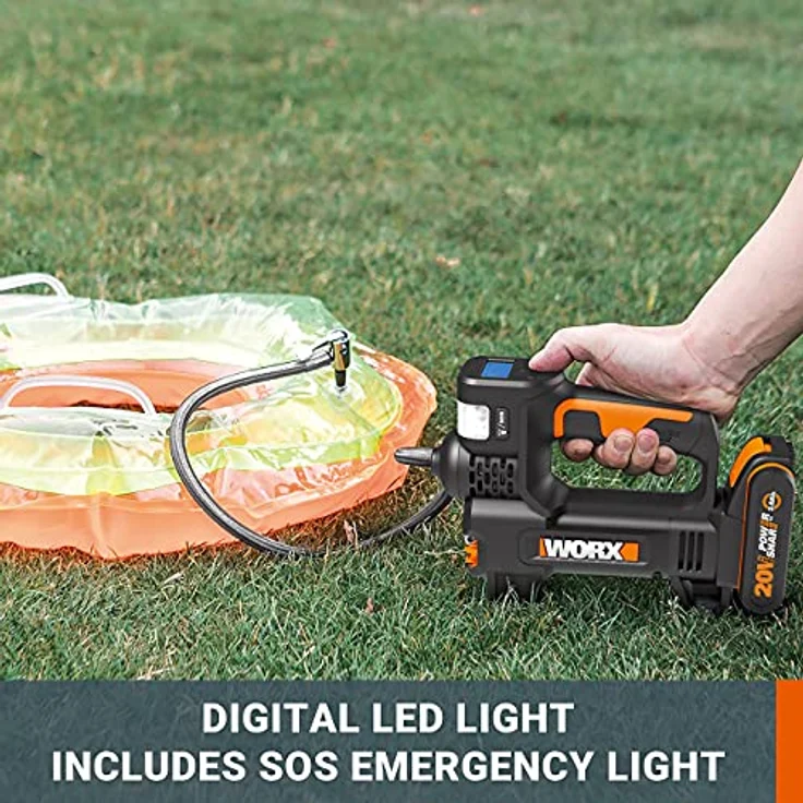 WORX - Luftkompressor und LED-Projektor, kabellos, 150 PSI – 20 V-2 Ah – WX092 (Lieferung mit Akku und Schnellladegerät, Lieferung mit Adapter für Fahrrad/Auto, Reifenaufpumpen in 2 min40s) – Bild 4