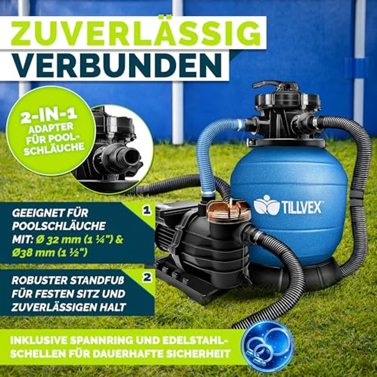 tillvex Sandfilteranlage 13.200L/h, selbstansaugend mit 1200g Filterbällen, 7-Wege Ventil & 2in1 Adapter Ø32-38mm für Pools bis 40.000L – Bild 5