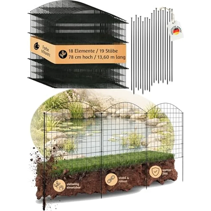 V2Aox Zaun Steckzaun für Garten und Teich, 18 Elemente, 78 cm hoch, schwarzer Metall Hundezaun mit 6 x 6 cm Maschenweite – Bild 1