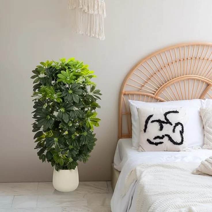 hjh OFFICE Kunstpflanze Schefflera 2 – 110 cm hoch, täuschend echt aus hochwertigem Kunststoff-Mix, pflegeleicht & geruchslos, incl. cremeweißem Kunststoff-Topf mit Zementfuß – Bild 2
