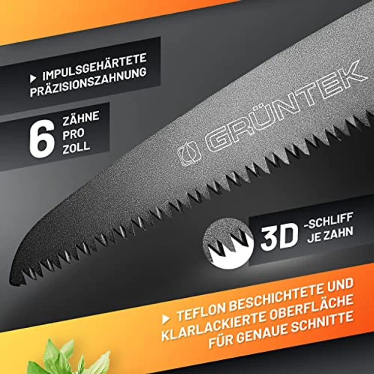 GRÜNTEK Klappsäge ZANDER, gehärtetes Carbonstahl Sägeblatt 180mm, rutschfester Korkgriff, TEFLON-beschichtete Klinge mit 4 Positionen ideale Outdoor Campingsäge Taschensäge Pocketsäge Astsäge – Bild 2