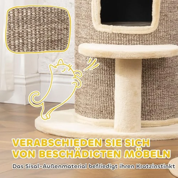 PawHut Kratztonne für Katzen, 61 cm hoch, mit 2 Höhlen, Sisal-Kratzfläche und Plüschbezug, in Beige – Bild 4
