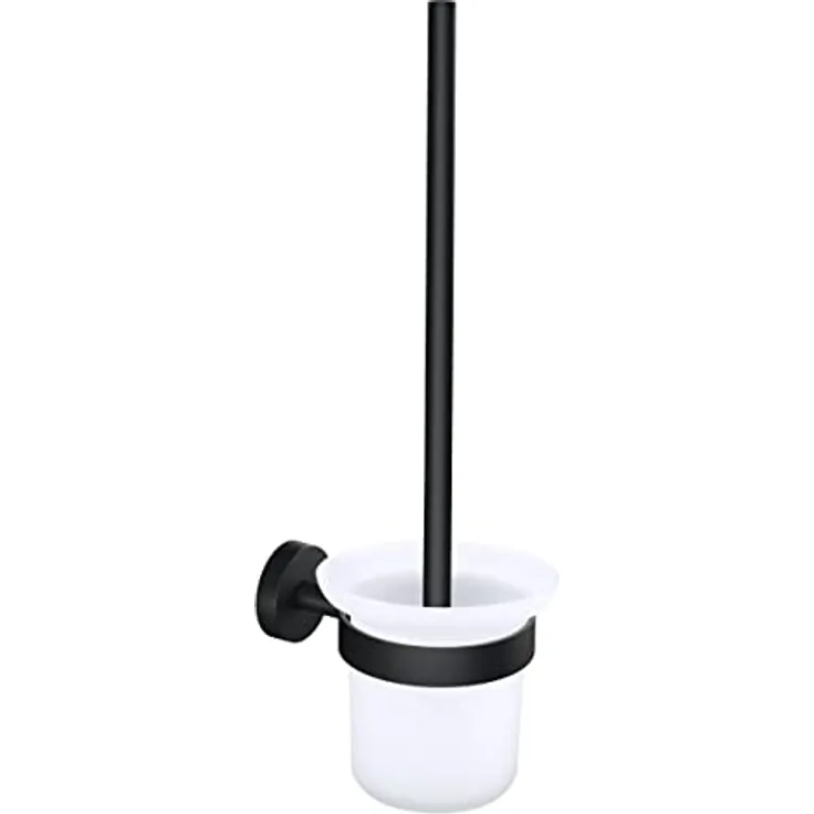 tesa MOON BLACK WC-Garnitur, Set mit Halter & WC-Bürste, matt schwarz, satiniertes Glas - für Bäder im Industrial Style und moderne Badezimmer - bohrfrei, inkl. Klebelösung - 379 mm x 112 mm x 145 mm