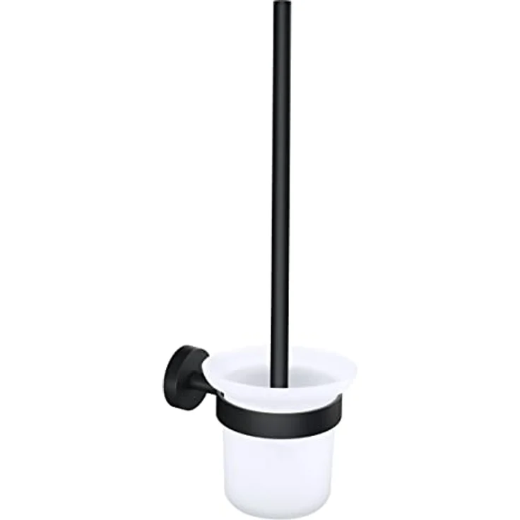 tesa MOON BLACK WC-Garnitur, Set mit Halter & WC-Bürste, matt schwarz, satiniertes Glas - für Bäder im Industrial Style und moderne Badezimmer - bohrfrei, inkl. Klebelösung - 379 mm x 112 mm x 145 mm – Bild 1