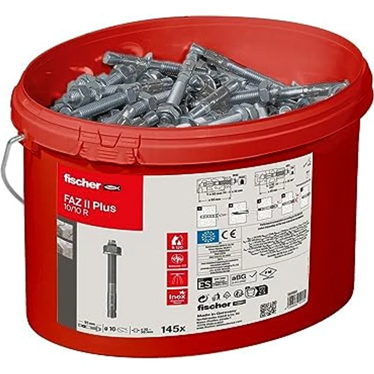 fischer Bolzenanker FAZ II Plus 10/10 R im Eimer, Schwerlastanker mit hoher Tragfähigkeit, Ankerbolzen für Befestigungen schwerer Lasten und Stahlkonstruktionen, Edelstahl, Seismik- & ETA-Zulassung – Bild 3
