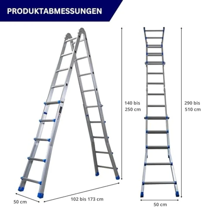 PROREGAL Apollo 3-in-1 Aluminiumleiter, Mehrzweckleiter mit 4x5 Sprossen, bis zu 5m Höhe, Traglast 150kg, klappbar, Silber – Bild 2