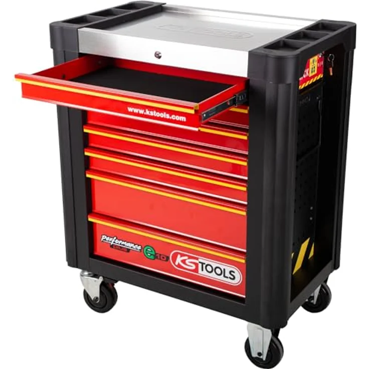 KSTOOLS PERFORMANCEplus e10 Werkstattwagen schwarz/rot, 7 Schubladen, Edelstahlarbeitsplatte, zentrale Verriegelung, kugelgelagerte Schubladenführung, hohe Stabilität – Bild 1