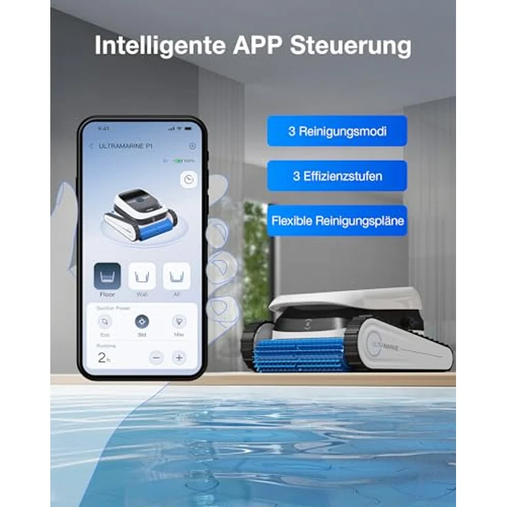 Ecovacs Ultramarine P1, Poolroboter für Pools bis 180 m², kabellose Reinigung von Boden, Wänden und Wasserlinie, UltraPure Suction 18.200 l/h, intelligente App-Steuerung – Bild 7