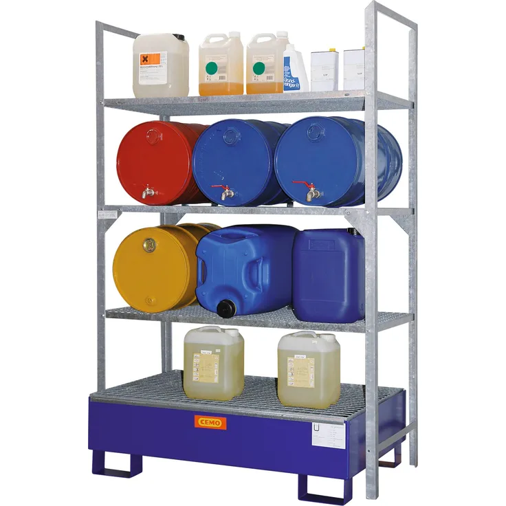 Cemo Regal "540", 132 x 200 x 80 cm, Fassregal aus feuerverzinktem Stahl mit 3 Gitterrostauflagen und 6 Fassauflagen für 60 Liter-Fässer, GFK-Auffangwanne 150 Liter