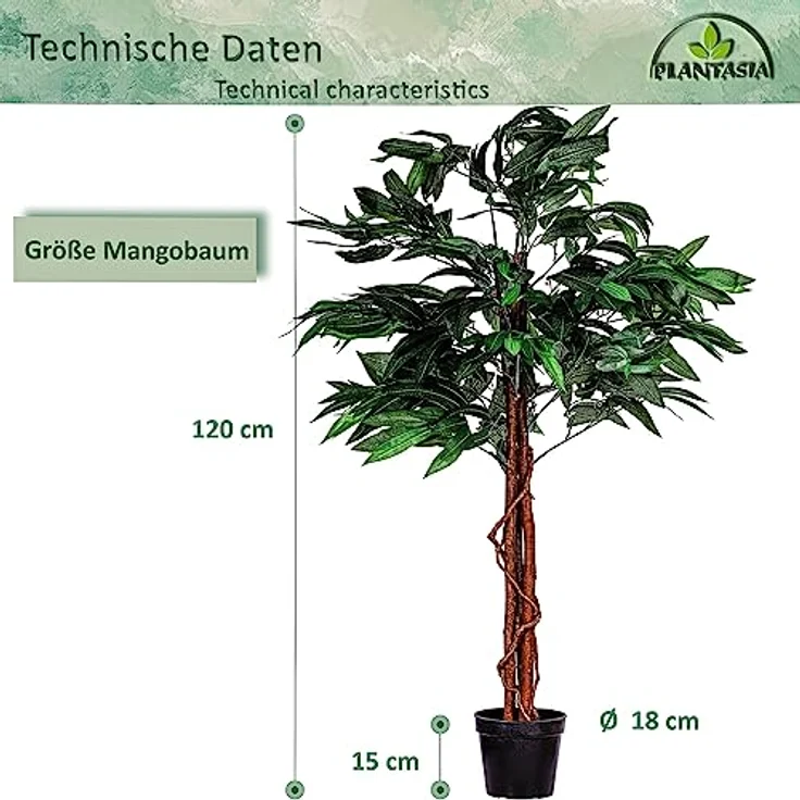 PLANTASIA Kunstpflanze - Mangobaum, Dekorativ, mit Topf, Grün, Naturholzstamm, Elegant, Indoor, Realistisch, 120/180 cm hoch - Falsche Pflanzen, Home, Office Decoration – Bild 4