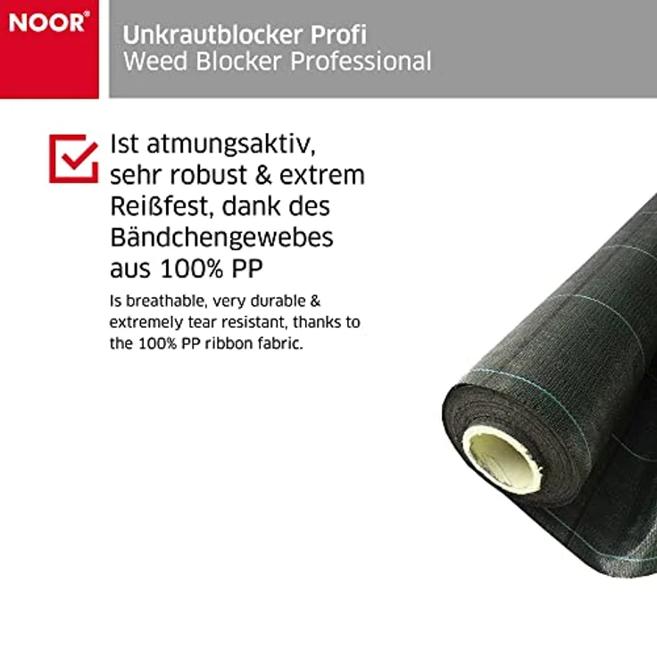 NOOR Unkrautblocker Profirolle 105 gr-m² 0,5 x 25 m I Die Gartenfolie für das Hochbeet & das Gewächshaus I Unkrautschutz für Gartenwegen & Terrassen I Wasserdurchlässig & umweltfreundlich I Schwarz – Bild 3