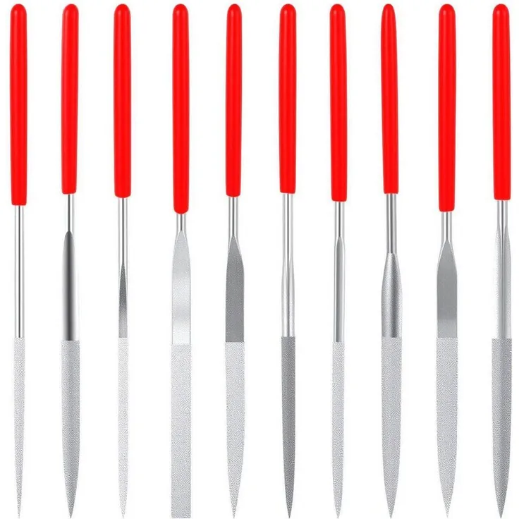 LuxusKollektion Werkstattfeile Diamant Feilen Set 10tlg, Mini Metall mit SoftGrip, rot/silber