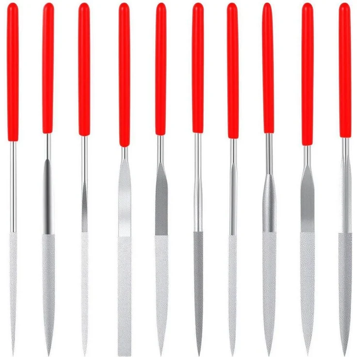 LuxusKollektion Werkstattfeile Diamant Feilen Set 10tlg, Mini Metall mit SoftGrip, rot/silber
