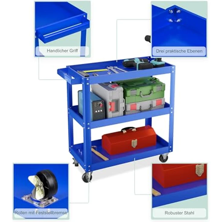 Relaxdays Werkstattwagen, mobiler Werkzeugwagen mit 3 Ablagen, bis 100 kg belastbar, HBT: 76x78x35 cm, blau – Bild 6