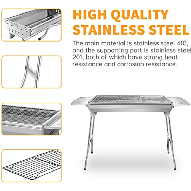 Sunjas Edelstahl Holzkohlegrill, Klappgrill Outdoor BBQ Grills, Portable Campinggrill, Standgrilll, Grillwagen Kohlegrill- 74 x 33.5 x 71.5 – Bild 2