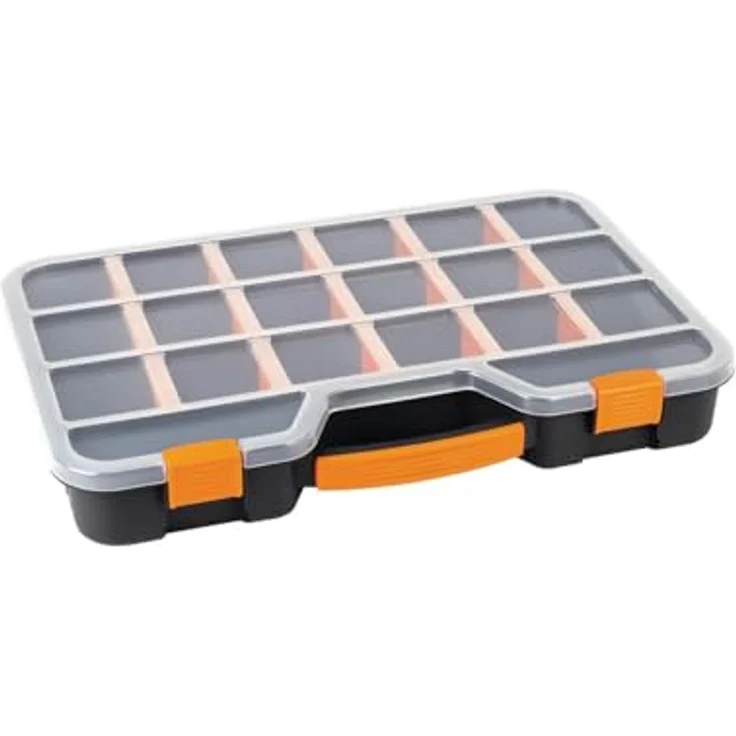 Perel Sortimentskasten, Kunststoff Aufbewahrungsbox, max. 20 Fächer mit 16 herausnehmbaren Trennwänden, transparenter Deckel, stapelbar, extra groß für Schrauben, Muttern, Nägel und Kleinteile – Bild 2