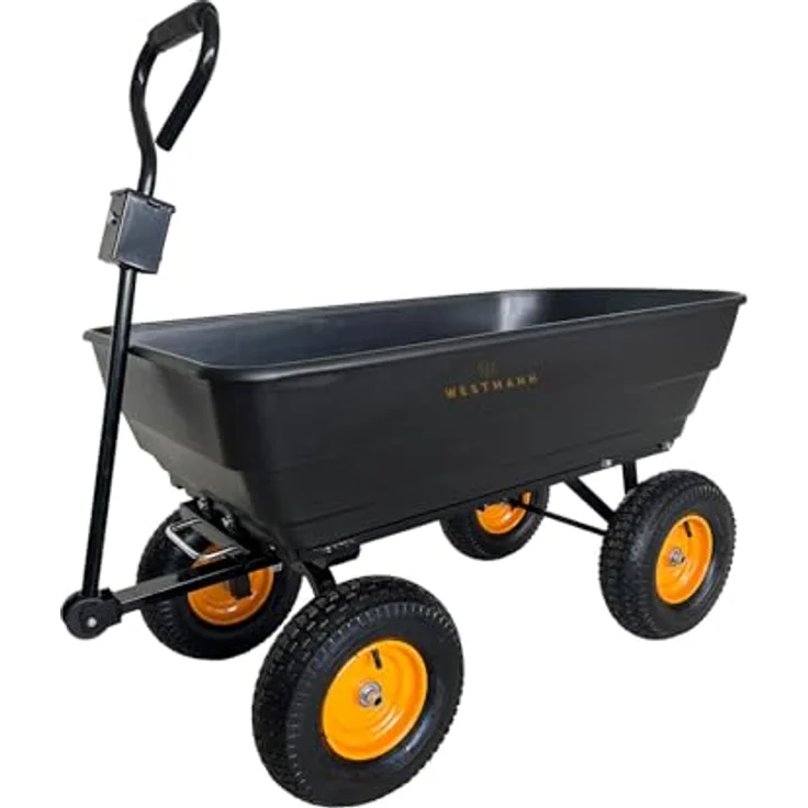 Westmann Prakta M Gartenwagen, Kunststoffkarre mit Kippfunktion, 125 L Volumen, 300 kg Tragkraft, Luftreifen & Zugstange – Bild 1
